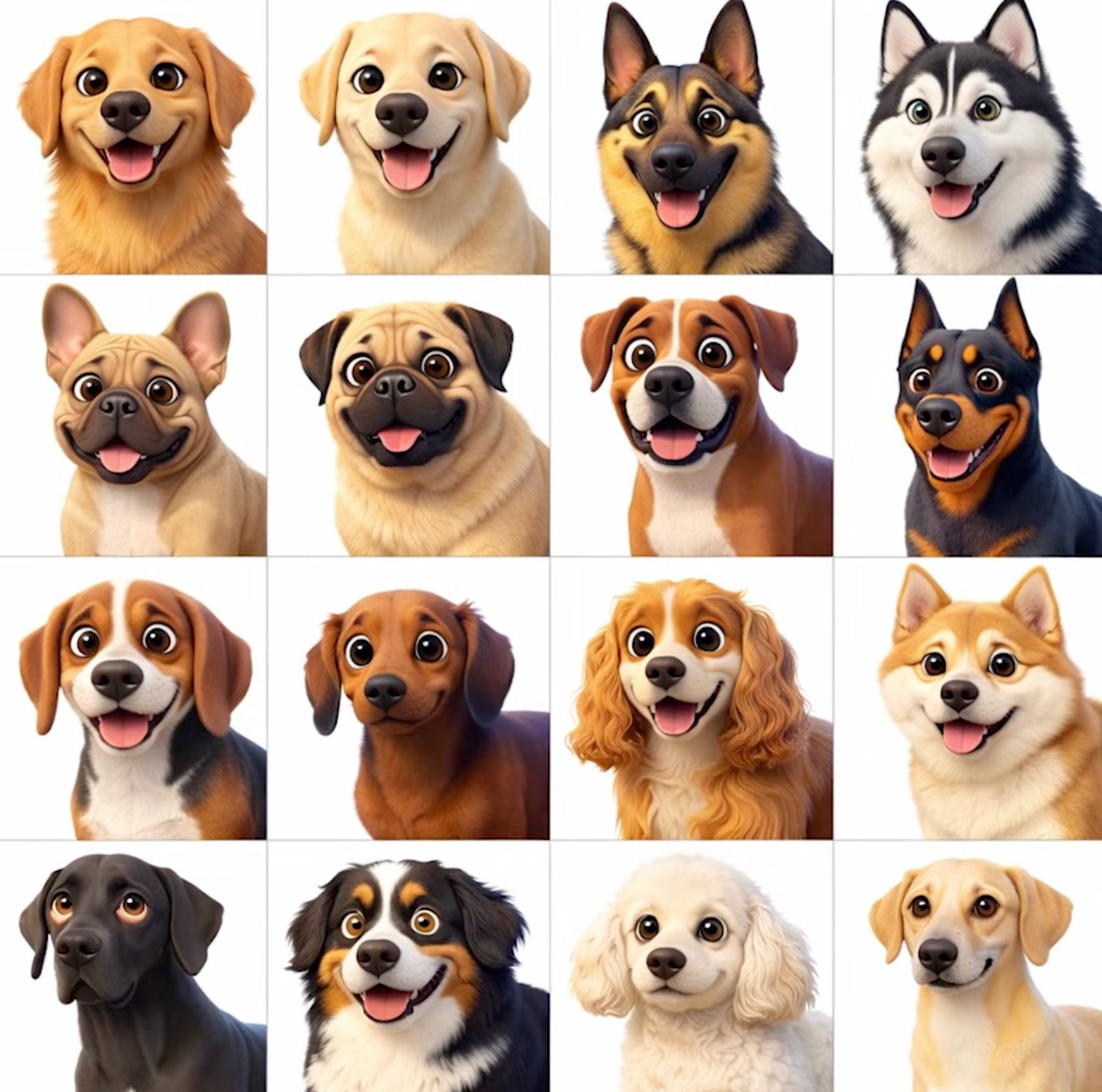 Dog Breed Grid - Pixar Style