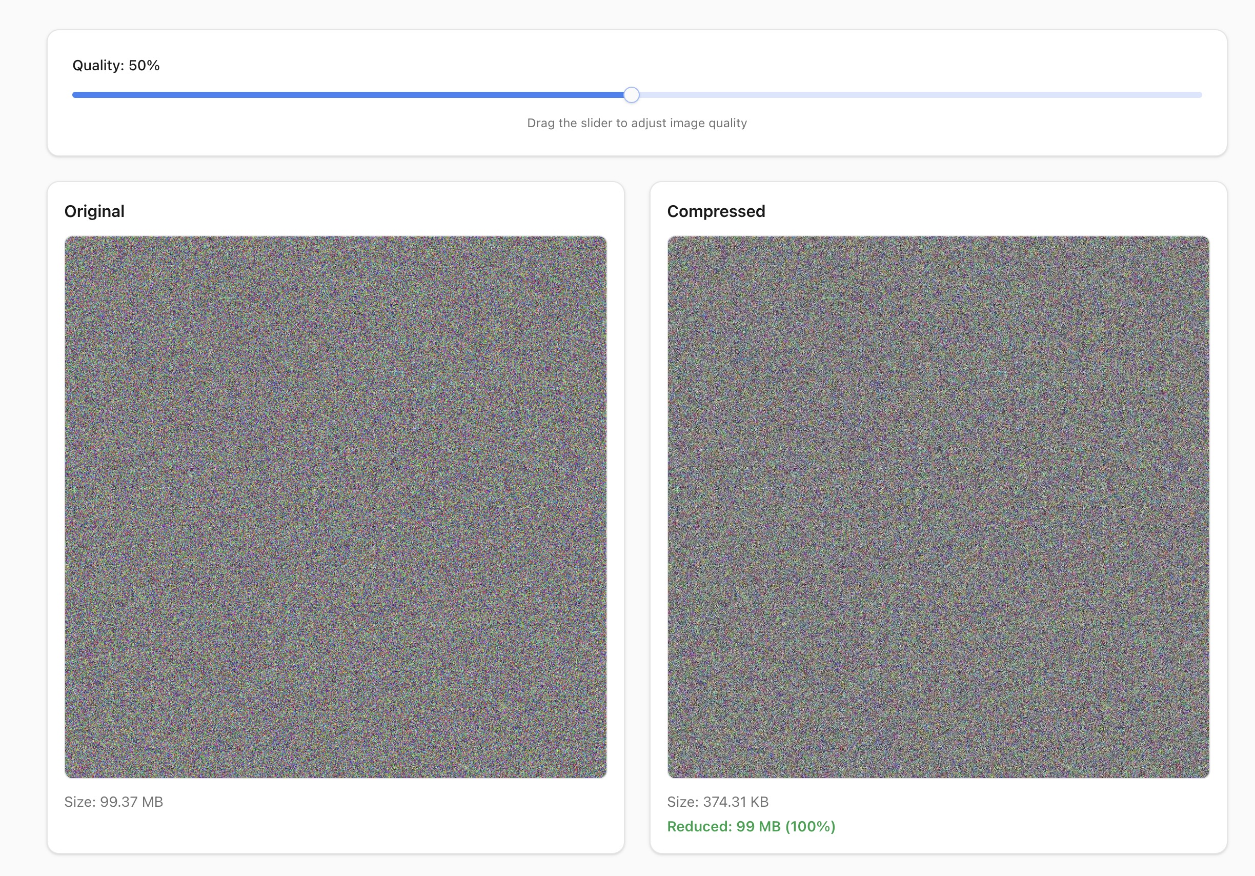 Our image compressor test with 99MB file showing 374KB result
