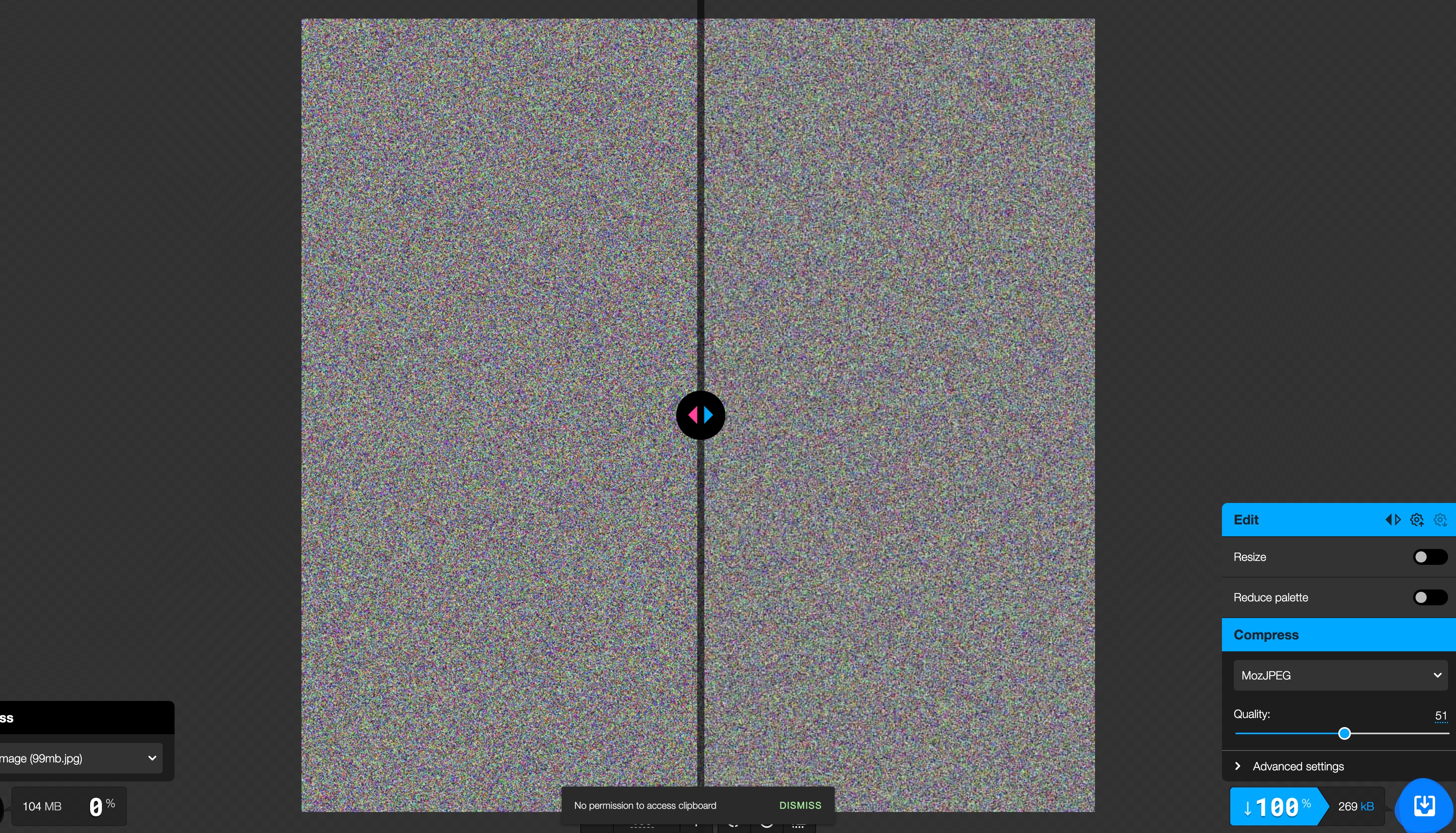 Squoosh test results for large 99MB file