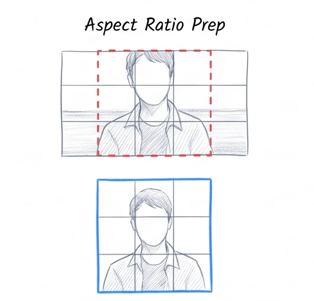 Side by side comparison of a 16:9 source photo split into a 3x3 grid versus a 1:1 source photo split into a 3x3 grid, showing how the wide source loses framing after Instagram crops each tile
