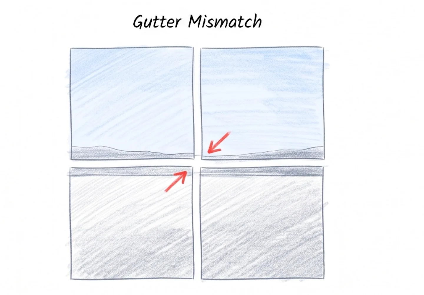 Close-up of an Instagram 3x3 grid showing a horizon line in the source photo that lands exactly on a tile boundary, with the gap between posts breaking the line so it no longer appears continuous