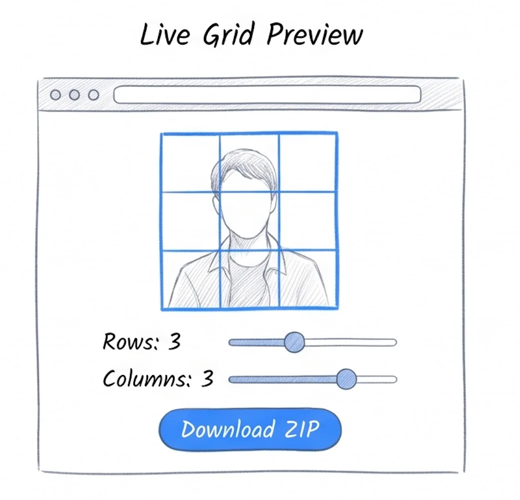 Screenshot of the image splitter tool showing a square photo with 3x3 live grid guide lines overlaid, with row and column sliders set to 3 and a Download ZIP button visible