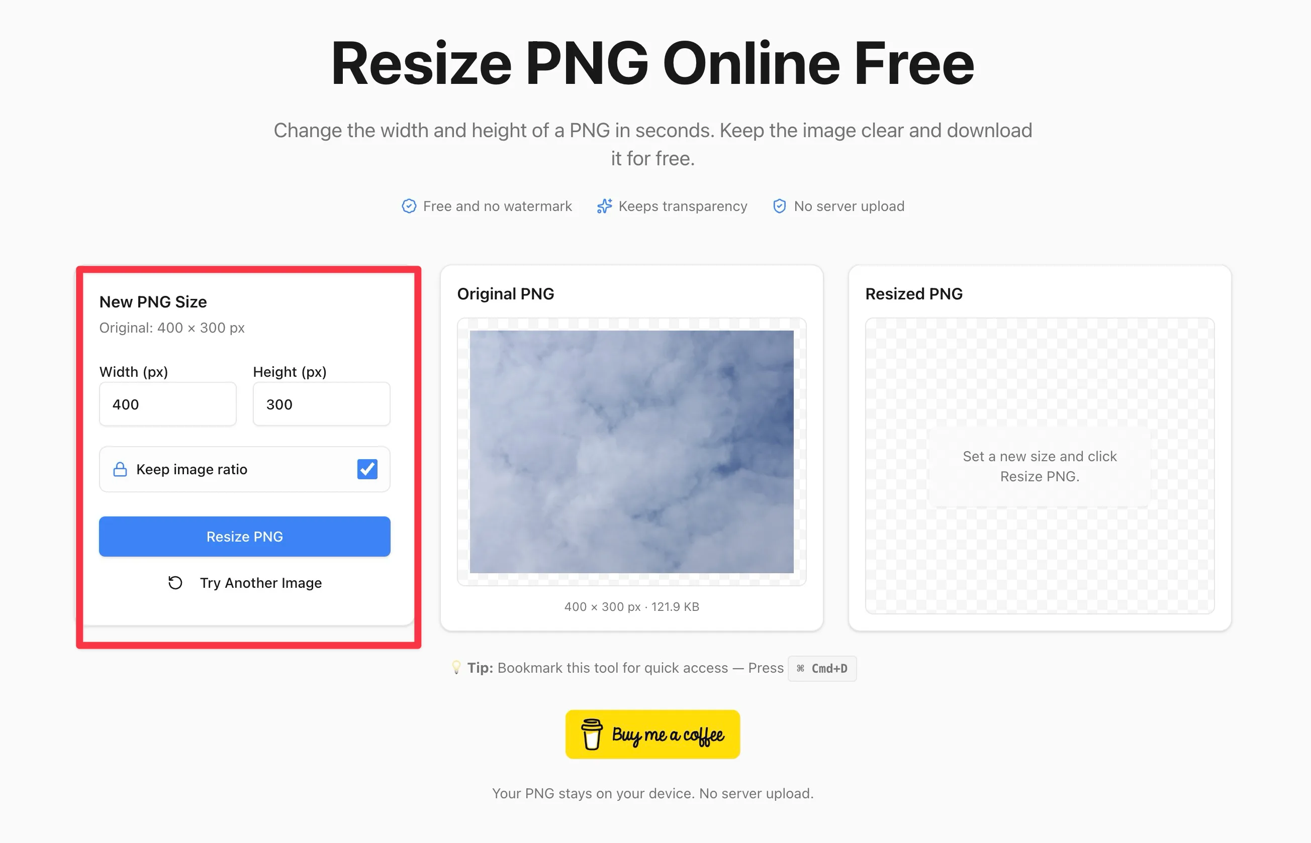 The PNG resizer with width and height fields and the keep image ratio control