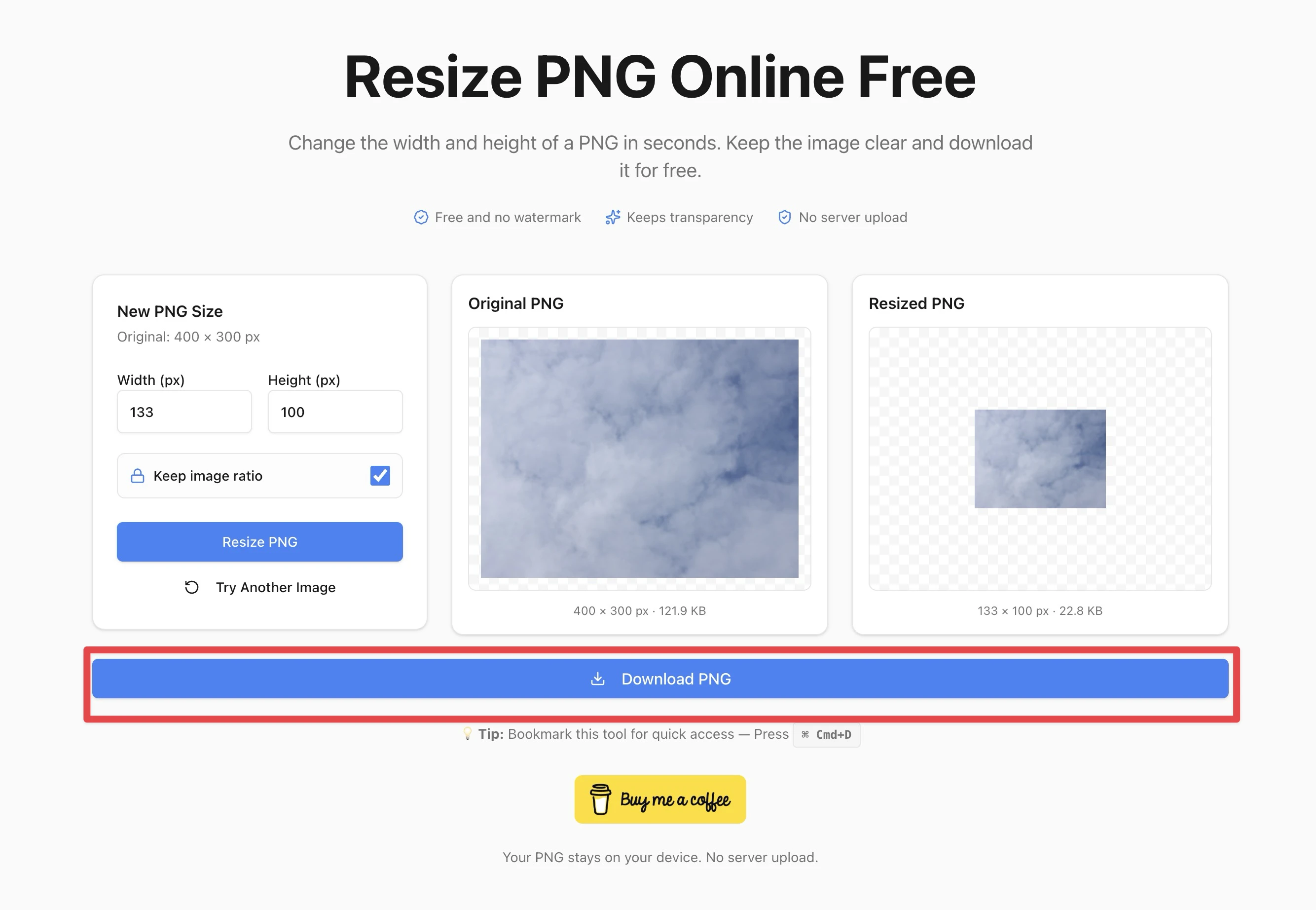 The completed PNG resize preview with the Download PNG button highlighted
