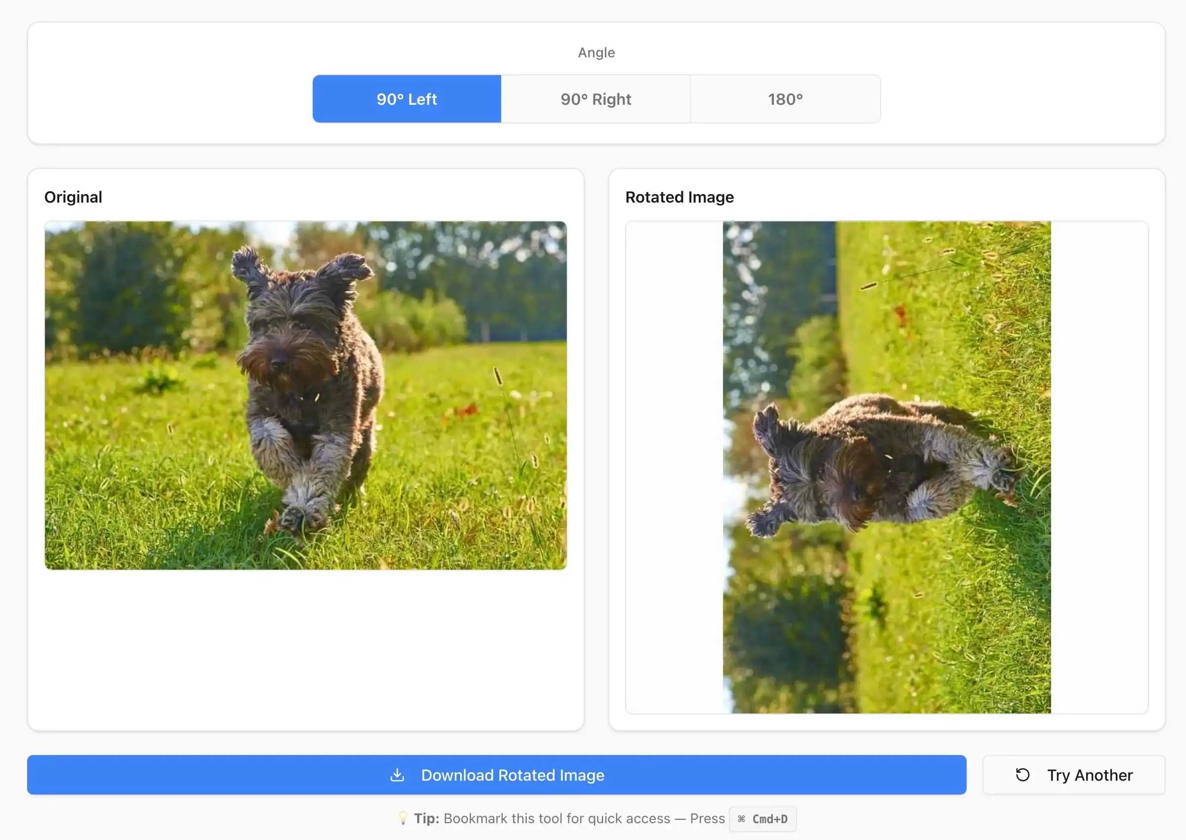 Select rotation angle presets: 90 degrees left, 90 degrees right, or 180 degrees